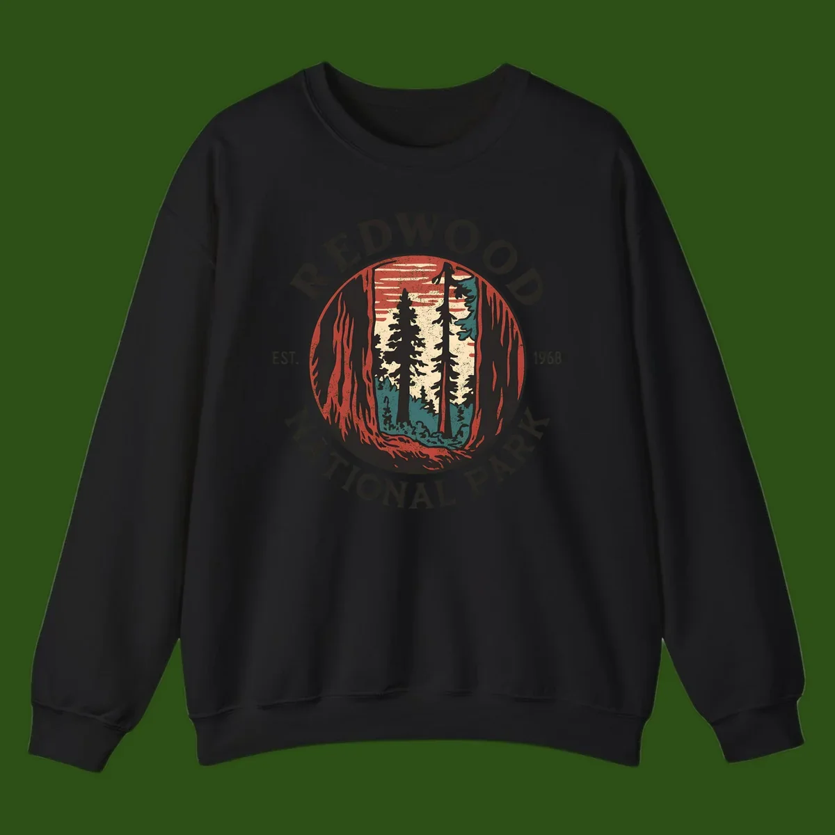 Vintage redwood national park badge design with silhouetted towering trees in circular frame, established 1968