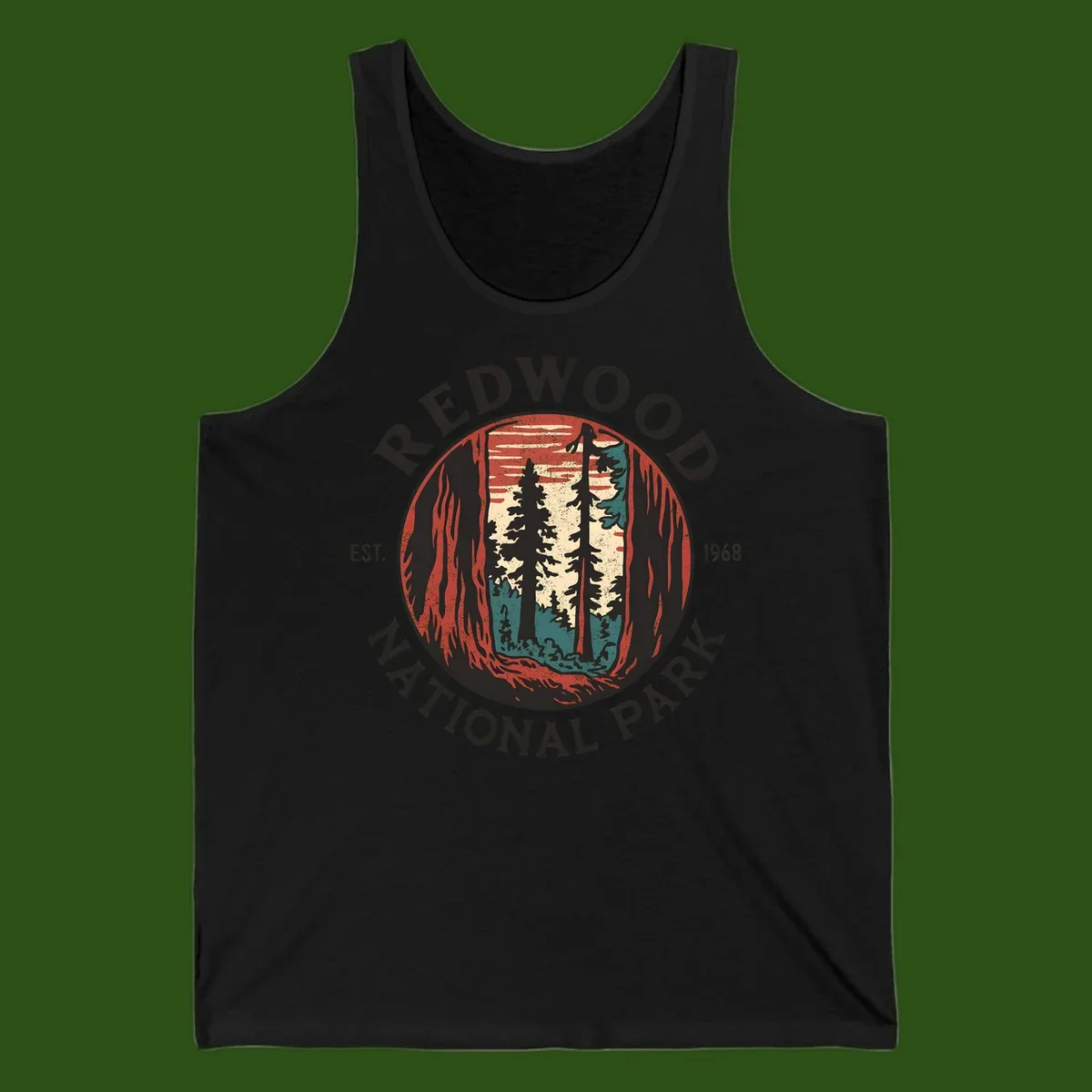 Vintage redwood national park badge design with silhouetted towering trees in circular frame, established 1968