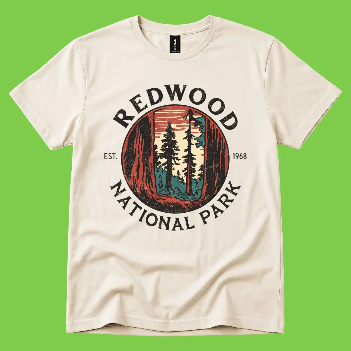 Vintage redwood national park badge design with silhouetted towering trees in circular frame, established 1968
