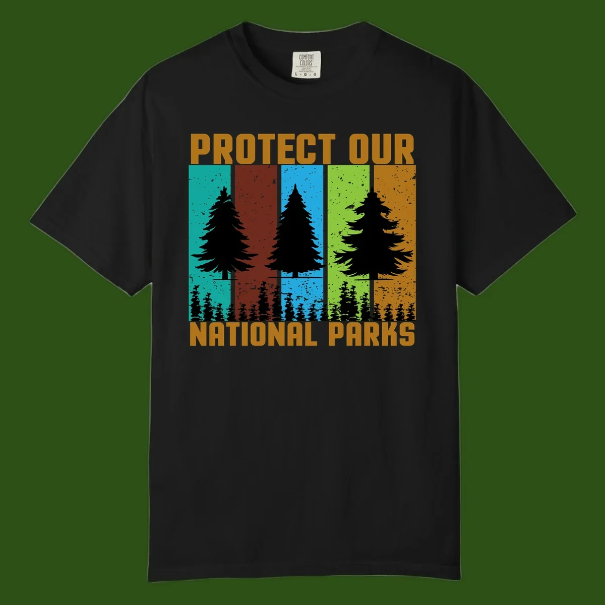 Silhouetted evergreen tree across five colorful panels with text 'Protect Our National Parks' promoting forest conservation.