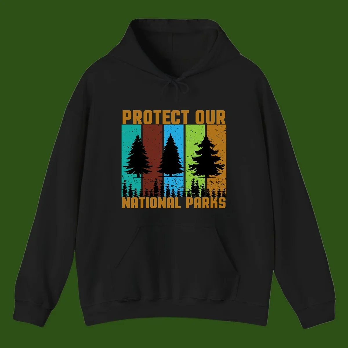 Silhouetted evergreen tree across five colorful panels with text 'Protect Our National Parks' promoting forest conservation.