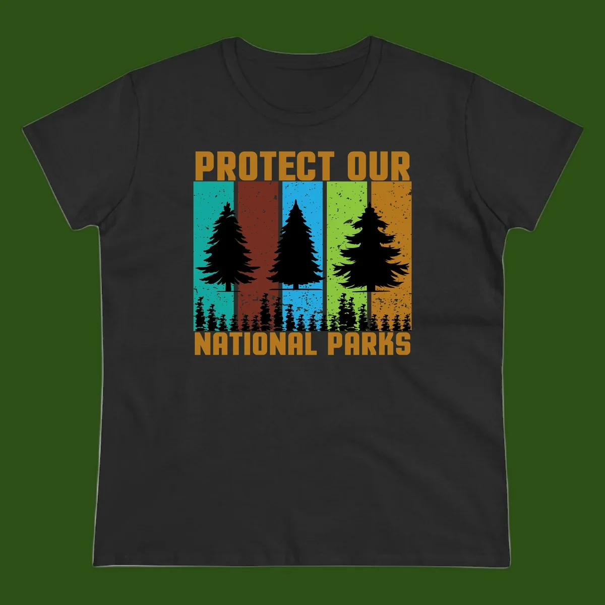 Silhouetted evergreen tree across five colorful panels with text 'Protect Our National Parks' promoting forest conservation.