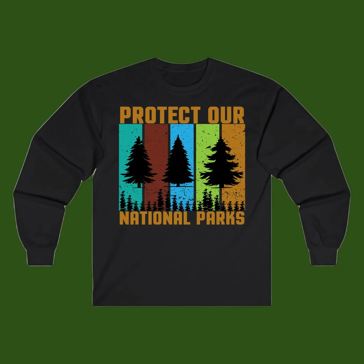 Silhouetted evergreen tree across five colorful panels with text 'Protect Our National Parks' promoting forest conservation.