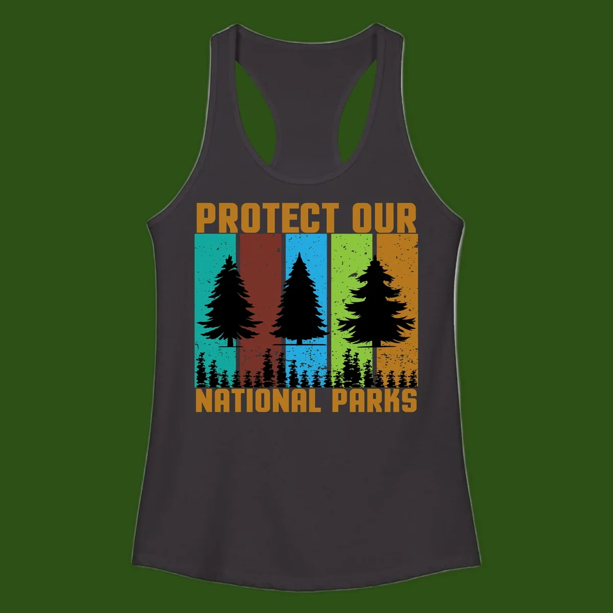 Silhouetted evergreen tree across five colorful panels with text 'Protect Our National Parks' promoting forest conservation.