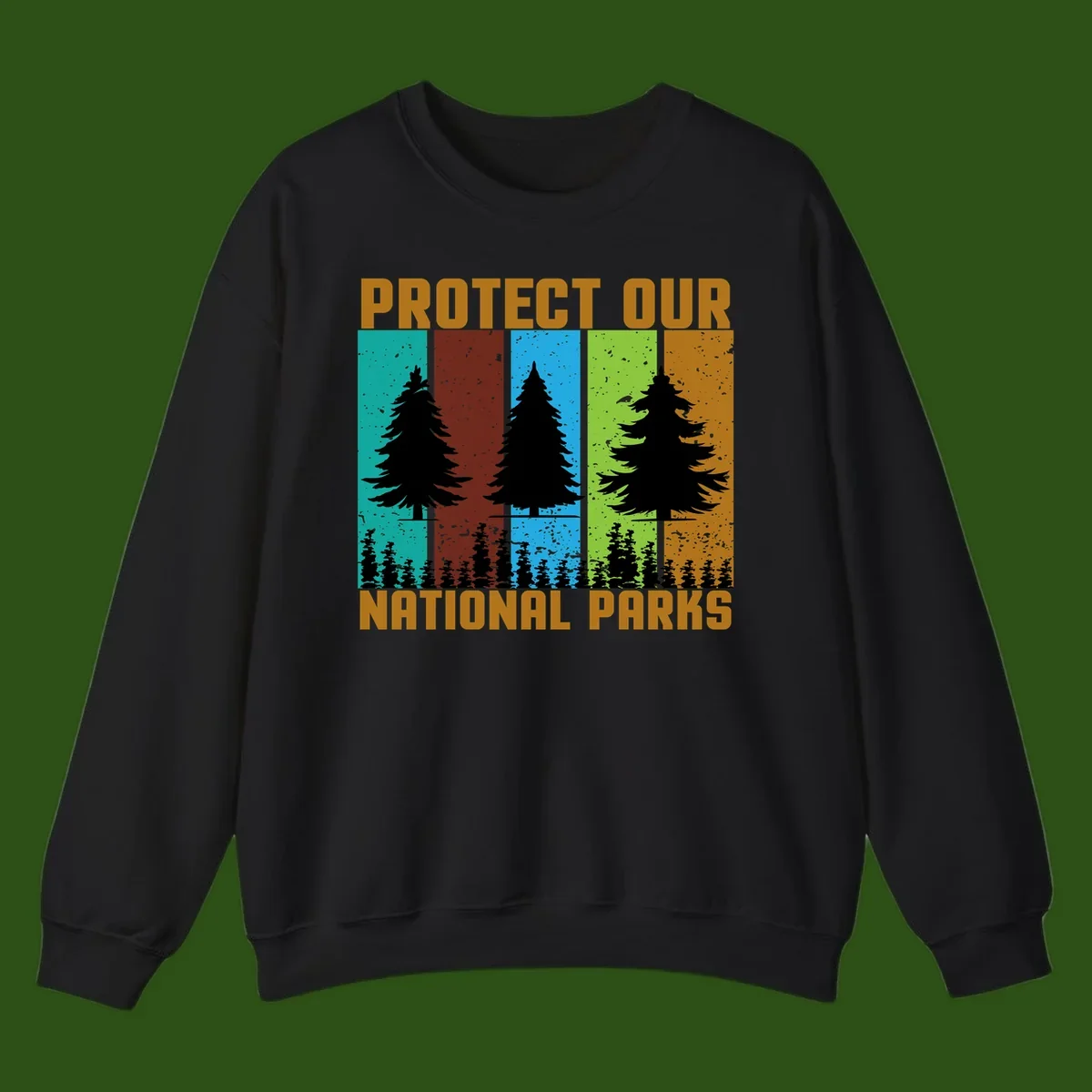 Silhouetted evergreen tree across five colorful panels with text 'Protect Our National Parks' promoting forest conservation.