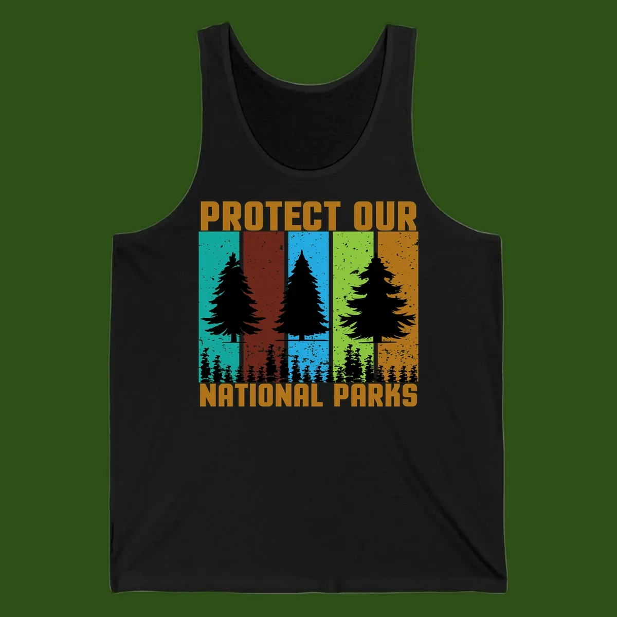 Silhouetted evergreen tree across five colorful panels with text 'Protect Our National Parks' promoting forest conservation.