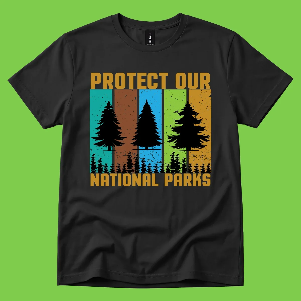 Silhouetted evergreen tree across five colorful panels with text 'Protect Our National Parks' promoting forest conservation.
