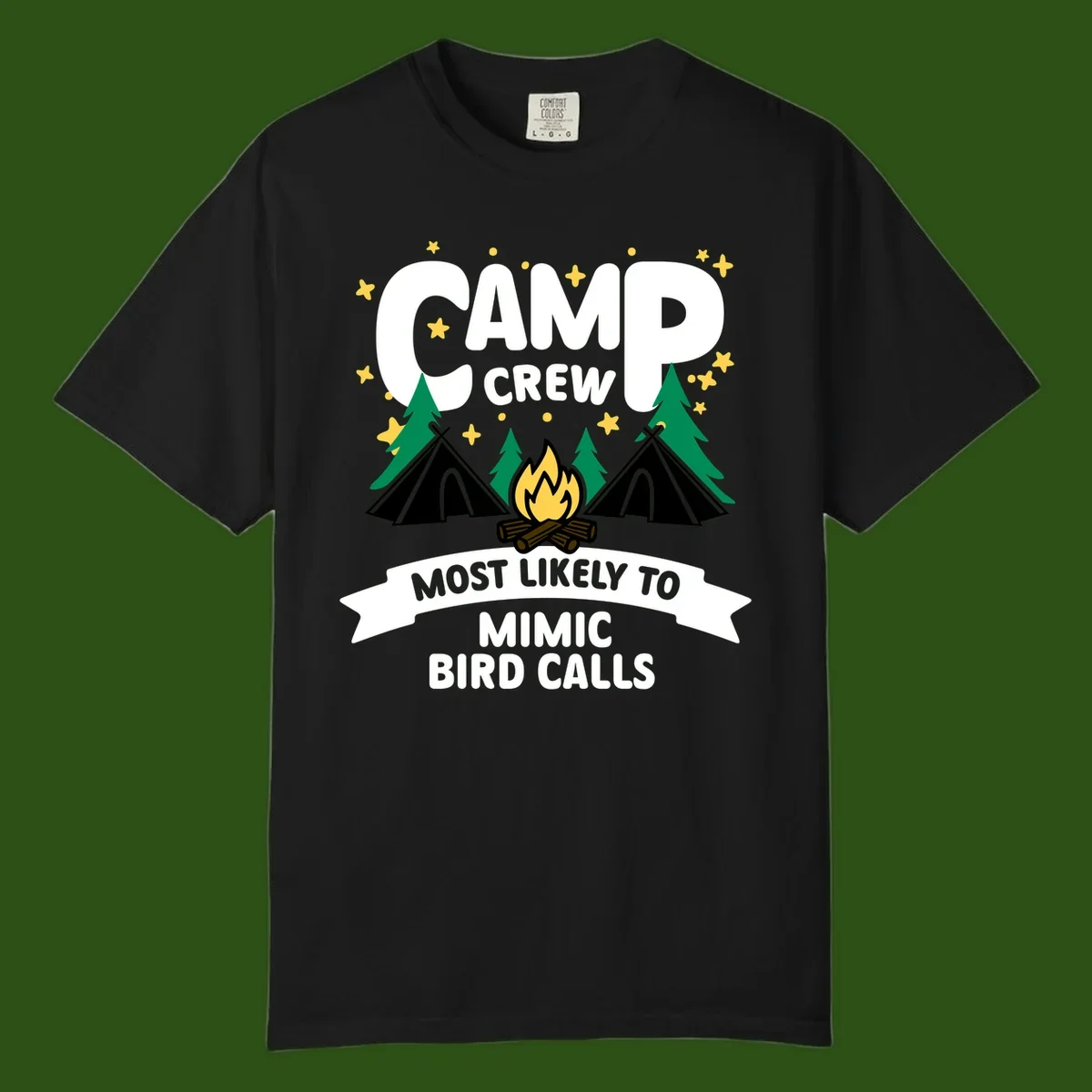 Camp crew illustration with campfire, tents, and trees, text reads 'Most Likely To Mimic Bird Calls'