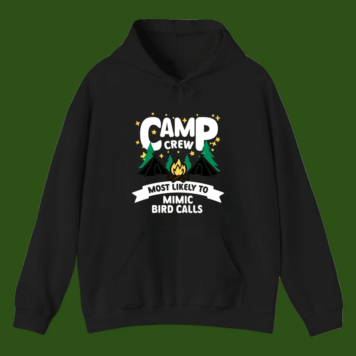 Camp crew illustration with campfire, tents, and trees, text reads 'Most Likely To Mimic Bird Calls'