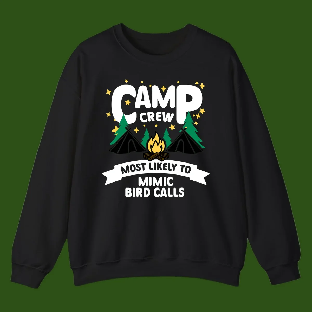 Camp crew illustration with campfire, tents, and trees, text reads 'Most Likely To Mimic Bird Calls'