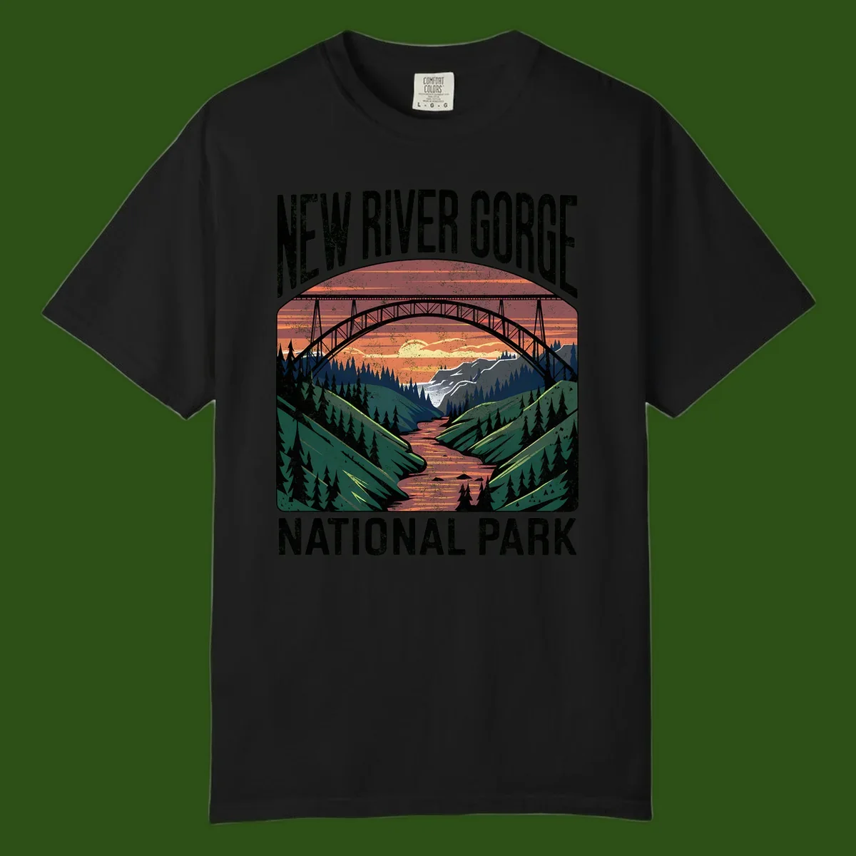 Vintage illustration of New River Gorge bridge spanning a forested river valley at sunset with orange and gold sky
