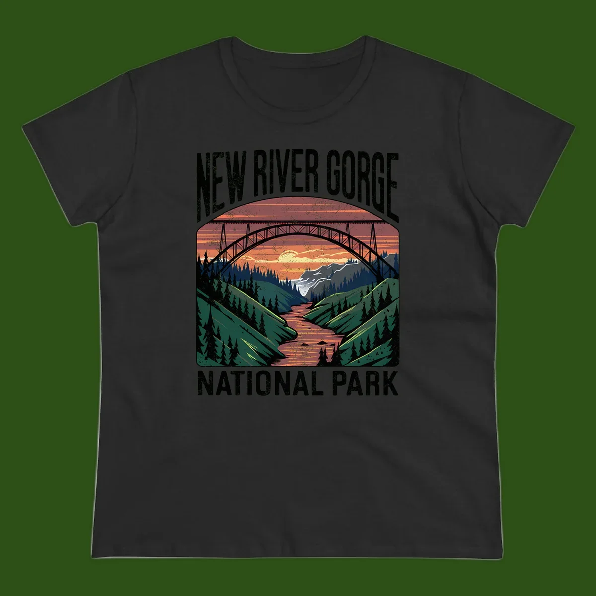 Vintage illustration of New River Gorge bridge spanning a forested river valley at sunset with orange and gold sky