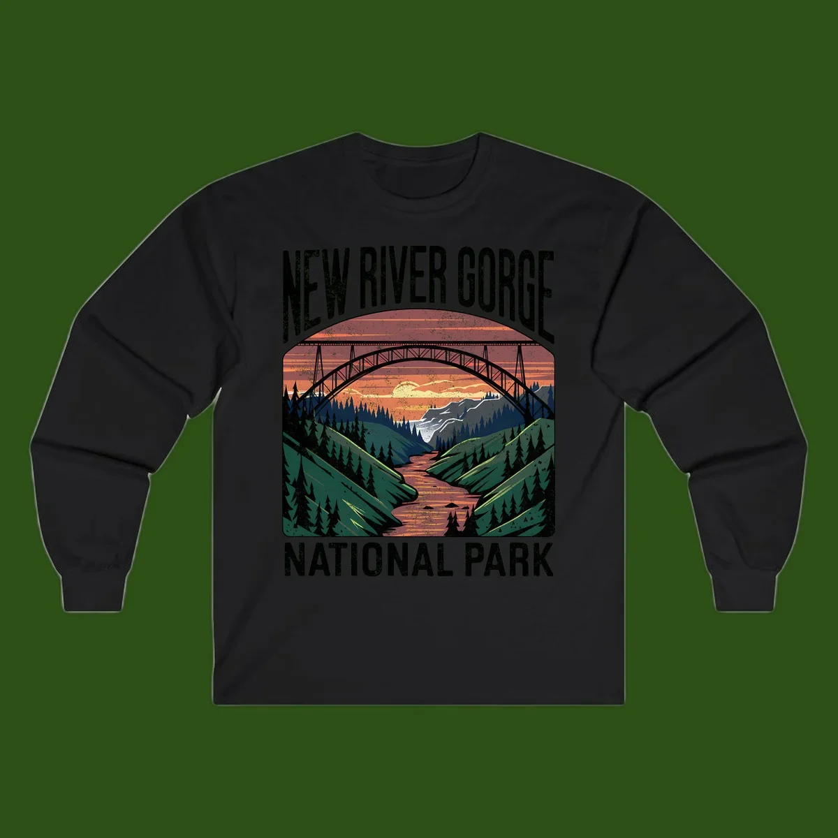Vintage illustration of New River Gorge bridge spanning a forested river valley at sunset with orange and gold sky