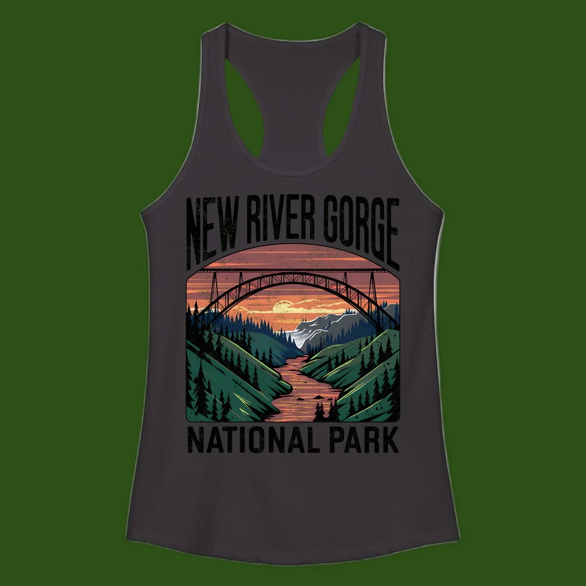 Vintage illustration of New River Gorge bridge spanning a forested river valley at sunset with orange and gold sky
