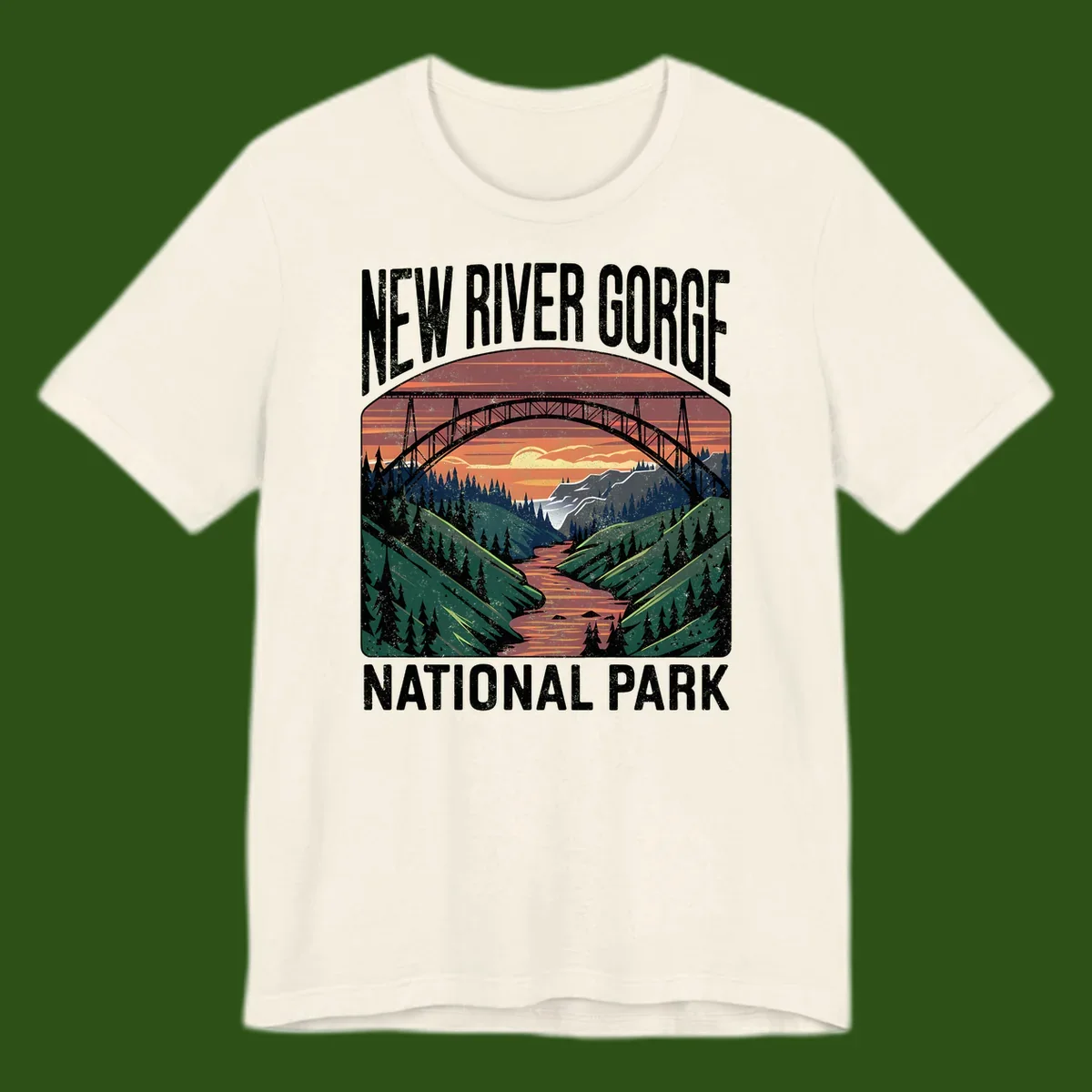 Vintage illustration of New River Gorge bridge spanning a forested river valley at sunset with orange and gold sky
