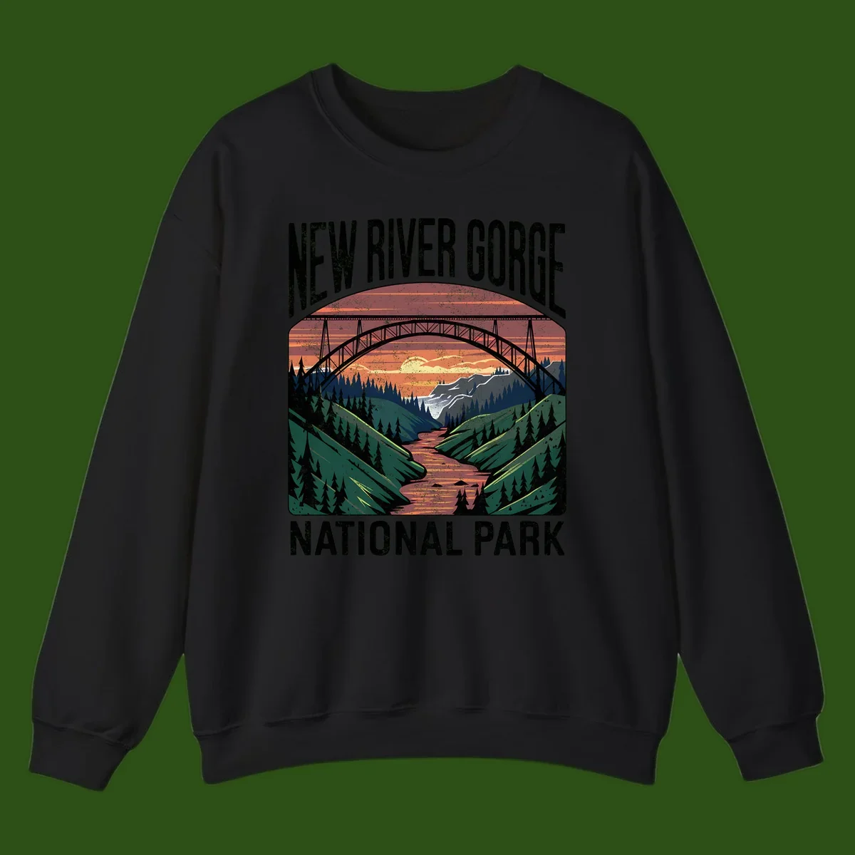 Vintage illustration of New River Gorge bridge spanning a forested river valley at sunset with orange and gold sky