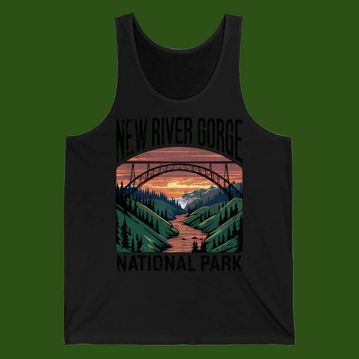 Vintage illustration of New River Gorge bridge spanning a forested river valley at sunset with orange and gold sky