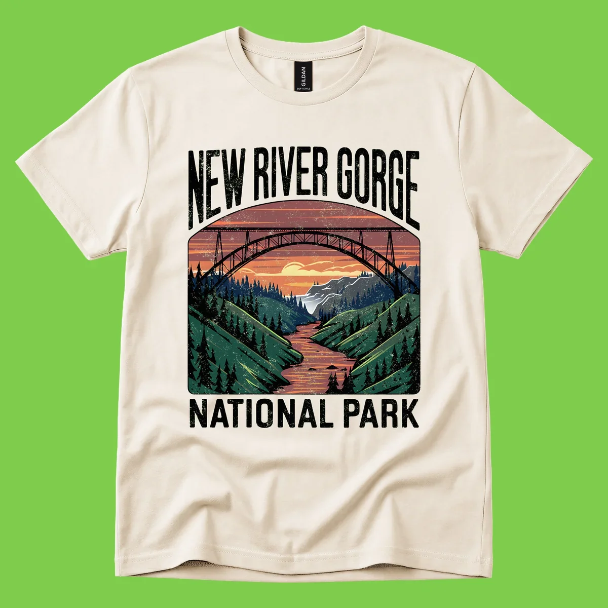 Vintage illustration of New River Gorge bridge spanning a forested river valley at sunset with orange and gold sky