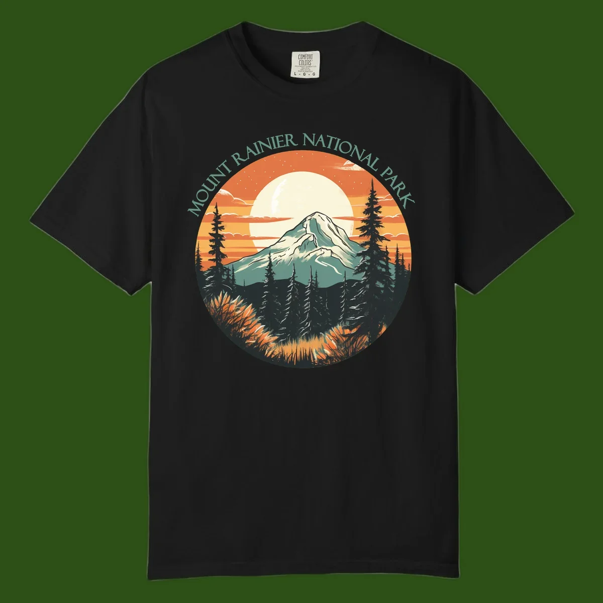 Mount Rainier sunset landscape with snow-capped peak, full moon, evergreen forest silhouettes, and wildflowers against orange sky