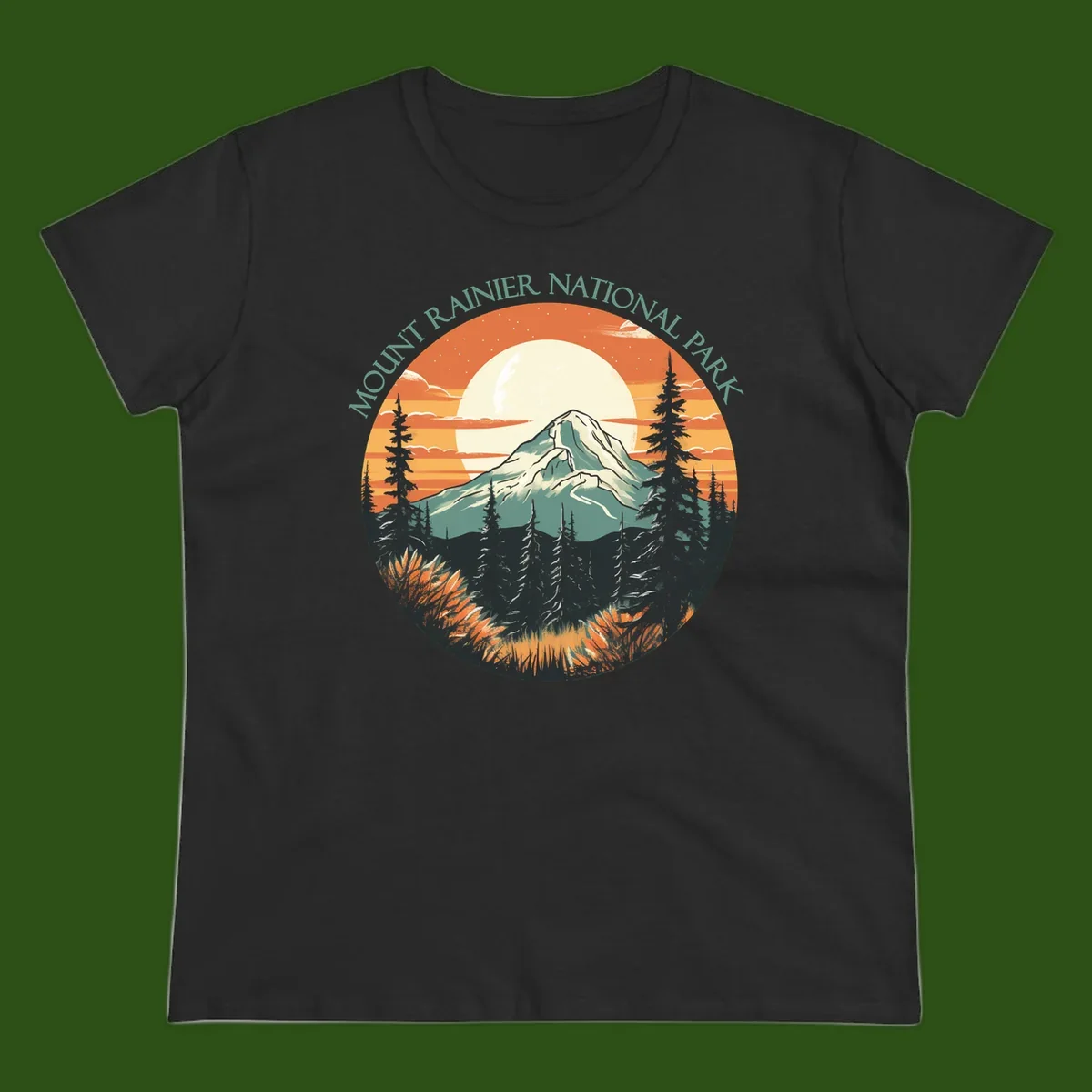 Mount Rainier sunset landscape with snow-capped peak, full moon, evergreen forest silhouettes, and wildflowers against orange sky