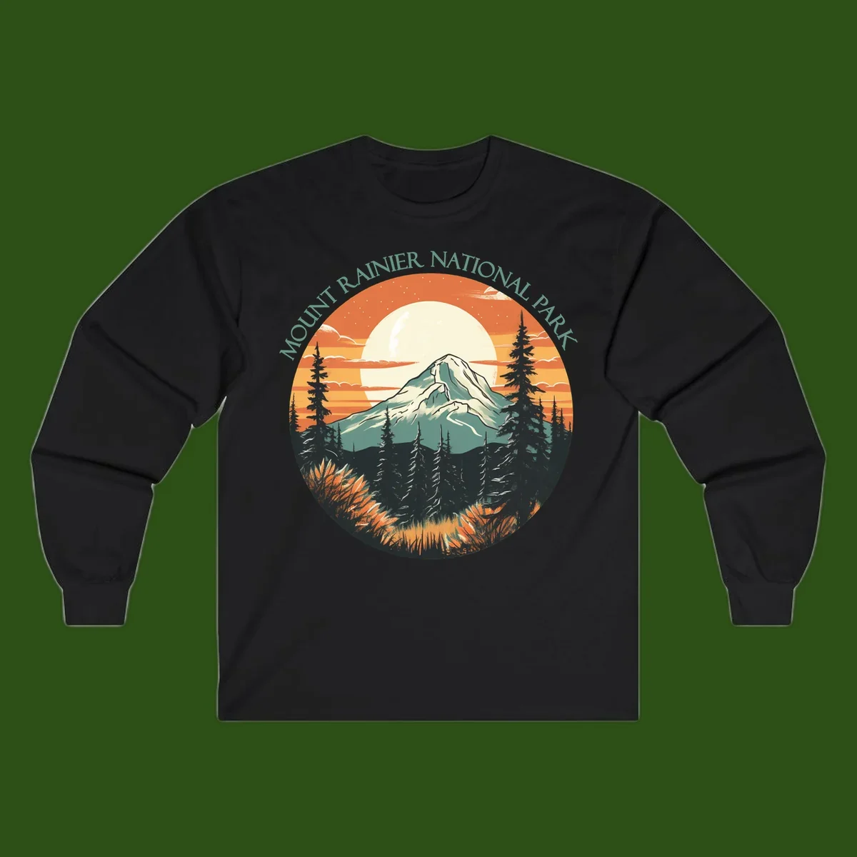 Mount Rainier sunset landscape with snow-capped peak, full moon, evergreen forest silhouettes, and wildflowers against orange sky