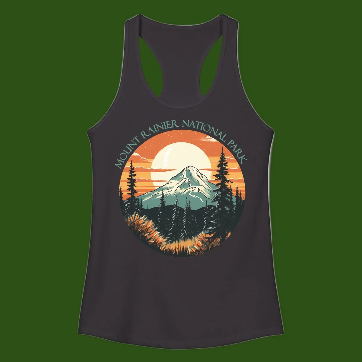 Mount Rainier sunset landscape with snow-capped peak, full moon, evergreen forest silhouettes, and wildflowers against orange sky
