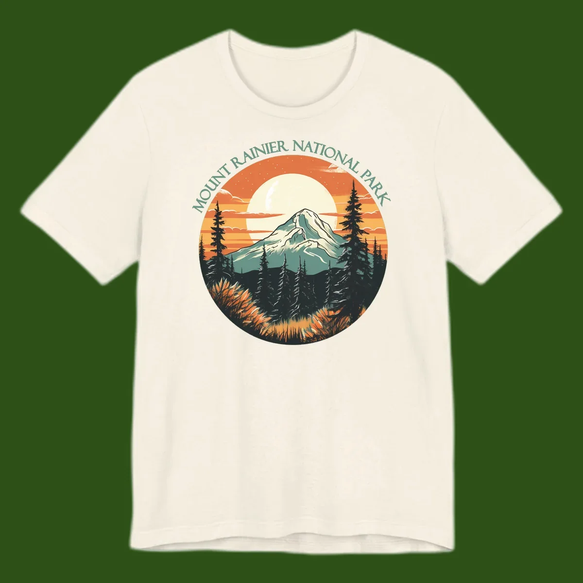 Mount Rainier sunset landscape with snow-capped peak, full moon, evergreen forest silhouettes, and wildflowers against orange sky