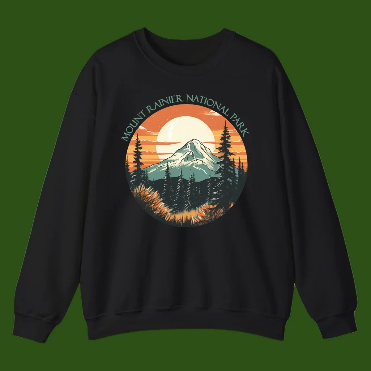 Mount Rainier sunset landscape with snow-capped peak, full moon, evergreen forest silhouettes, and wildflowers against orange sky