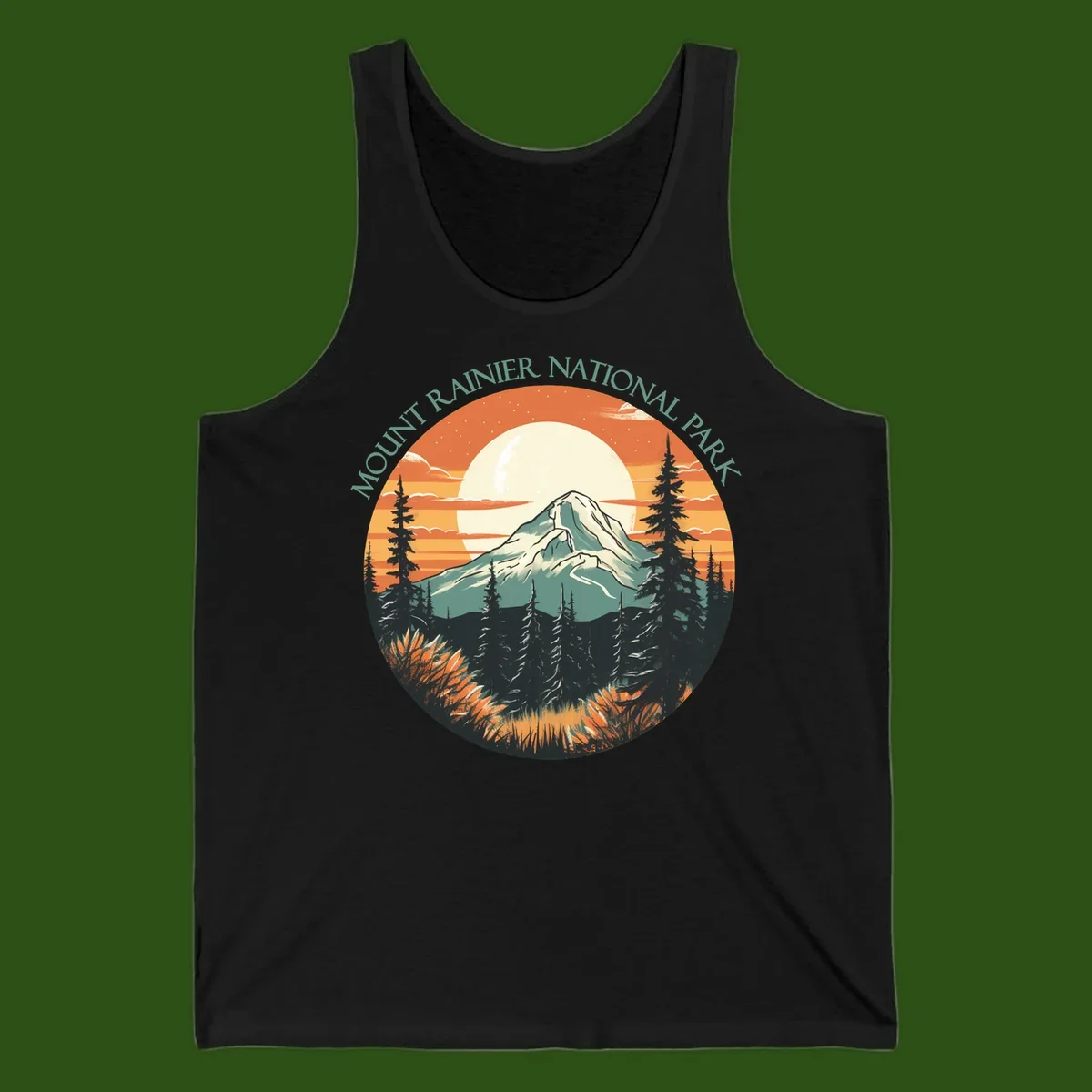 Mount Rainier sunset landscape with snow-capped peak, full moon, evergreen forest silhouettes, and wildflowers against orange sky