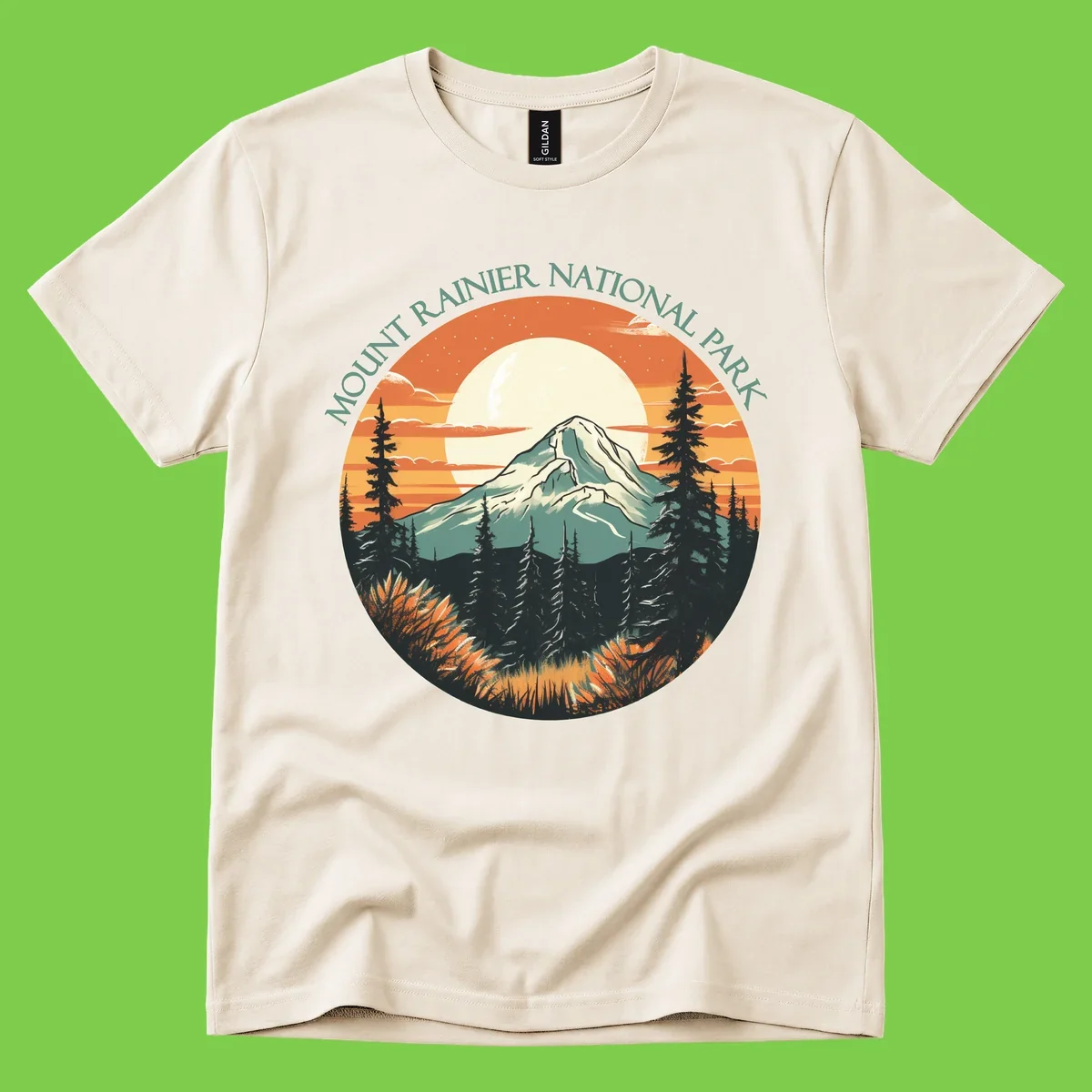 Mount Rainier sunset landscape with snow-capped peak, full moon, evergreen forest silhouettes, and wildflowers against orange sky