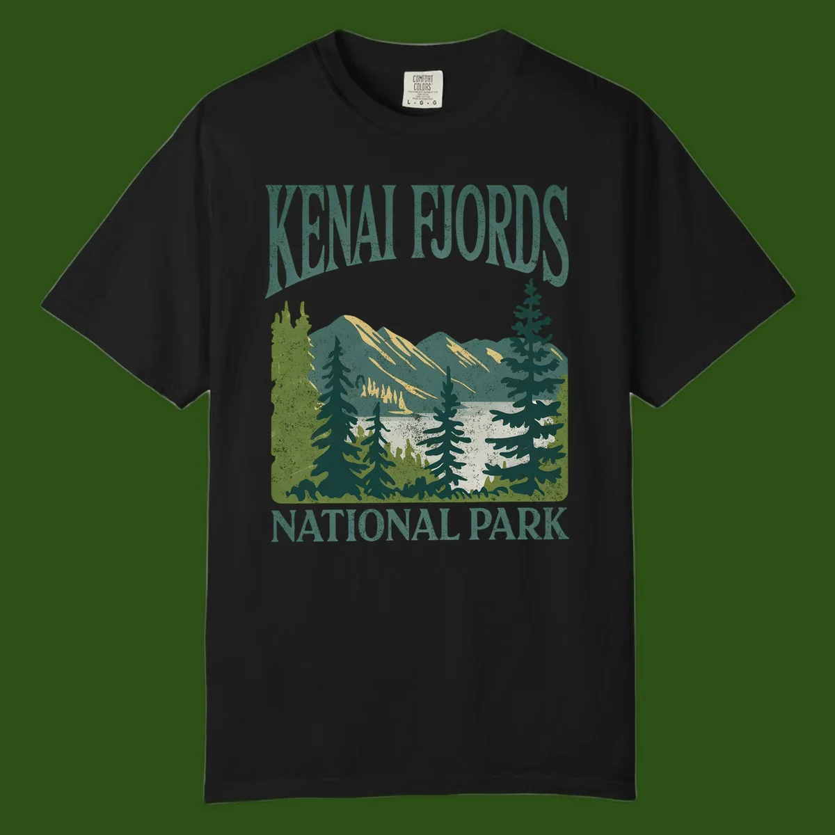 Vintage-style Kenai Fjords National Park poster art with snow-capped mountains, evergreen forests, and glacier landscape in teal and cream colors