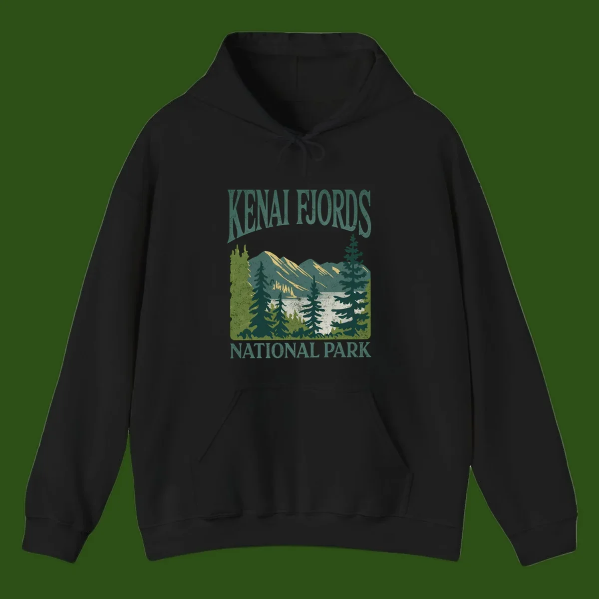 Vintage-style Kenai Fjords National Park poster art with snow-capped mountains, evergreen forests, and glacier landscape in teal and cream colors