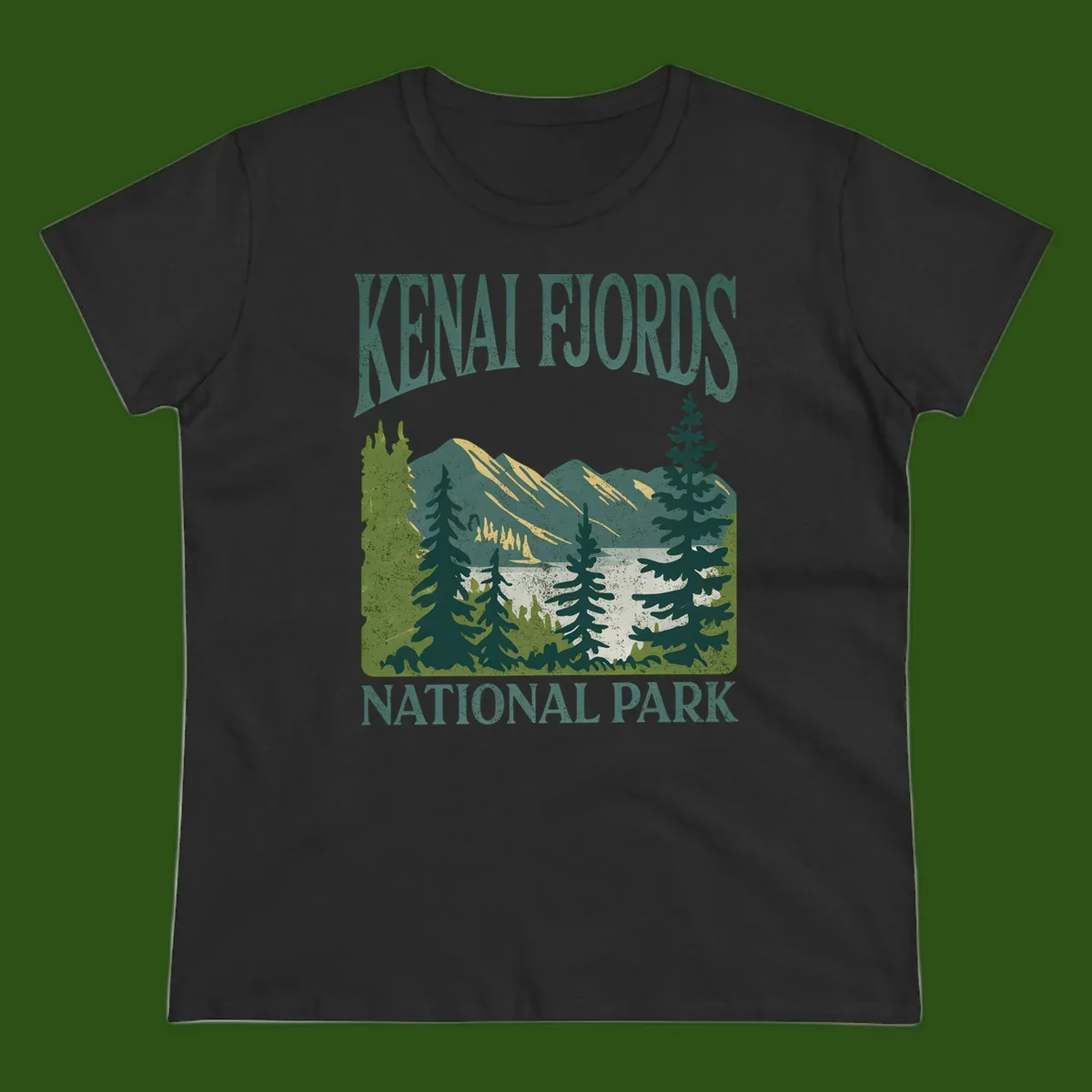 Vintage-style Kenai Fjords National Park poster art with snow-capped mountains, evergreen forests, and glacier landscape in teal and cream colors