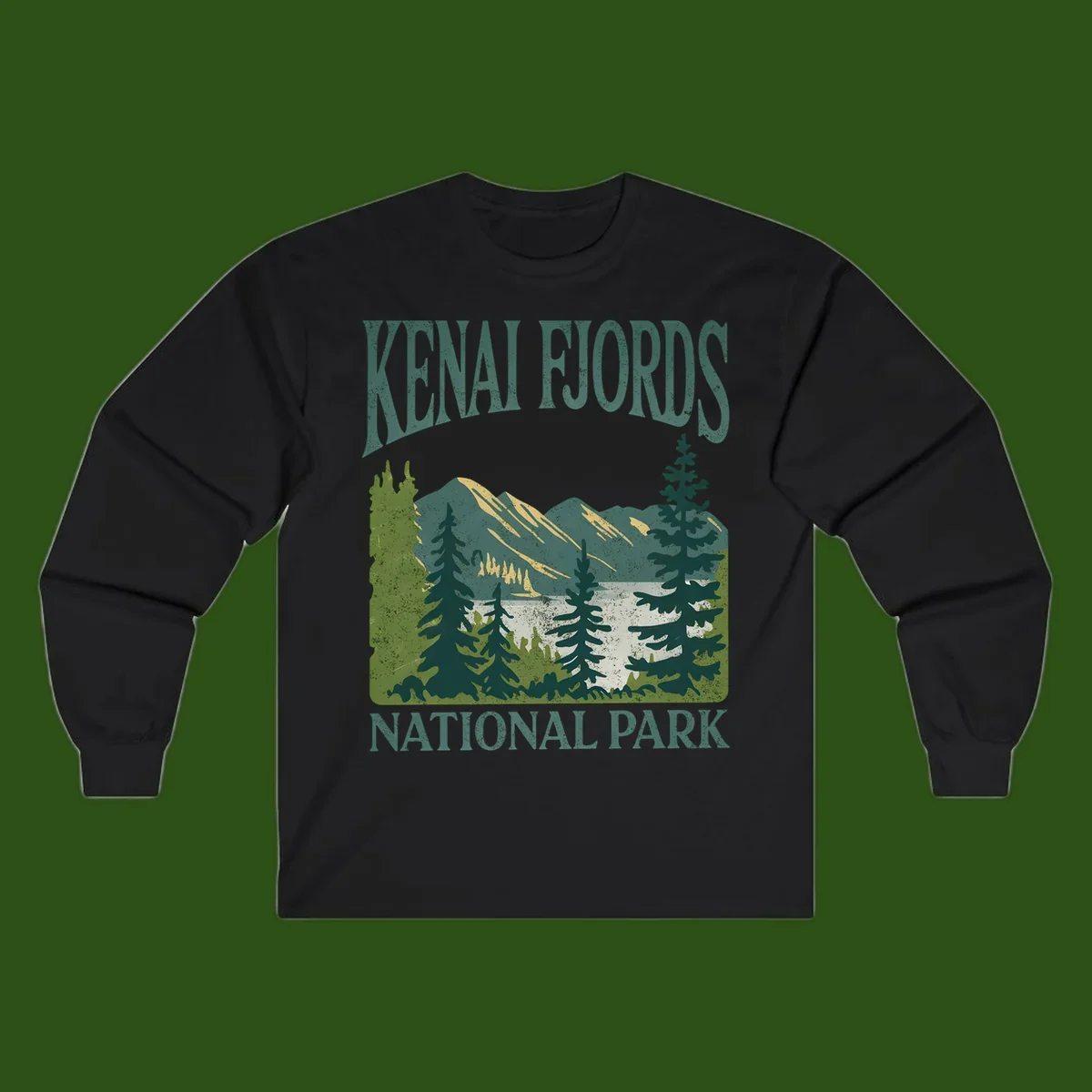 Vintage-style Kenai Fjords National Park poster art with snow-capped mountains, evergreen forests, and glacier landscape in teal and cream colors