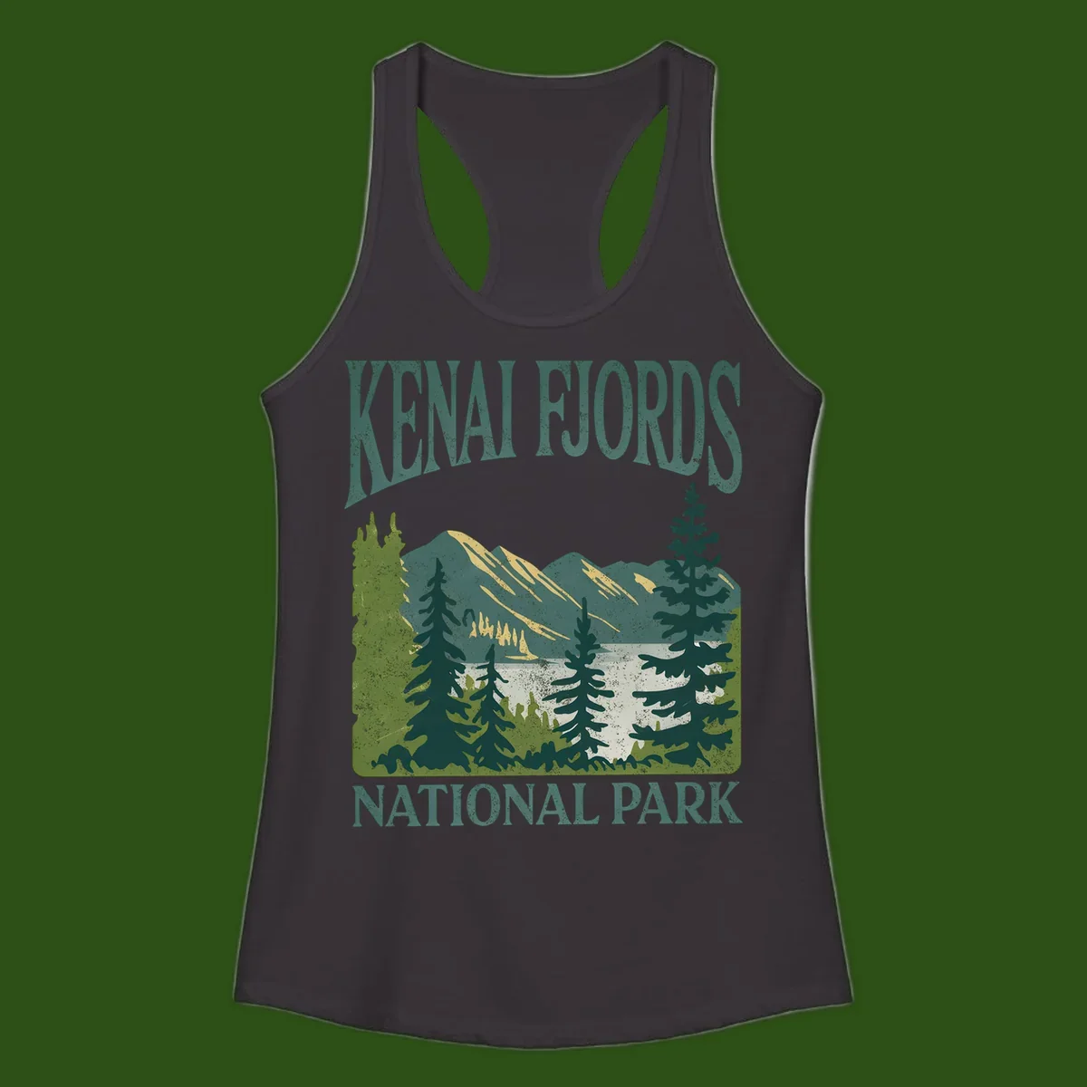 Vintage-style Kenai Fjords National Park poster art with snow-capped mountains, evergreen forests, and glacier landscape in teal and cream colors