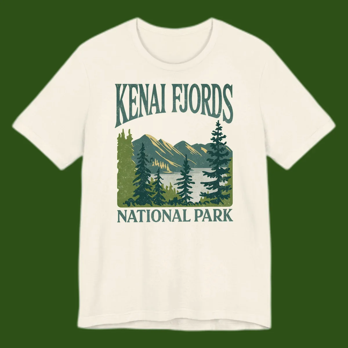 Vintage-style Kenai Fjords National Park poster art with snow-capped mountains, evergreen forests, and glacier landscape in teal and cream colors