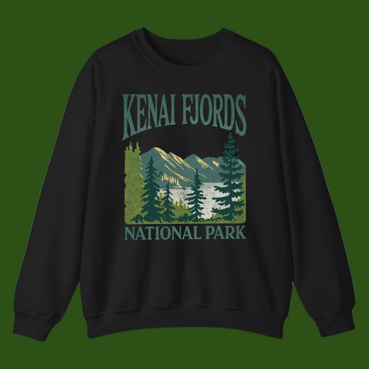 Vintage-style Kenai Fjords National Park poster art with snow-capped mountains, evergreen forests, and glacier landscape in teal and cream colors