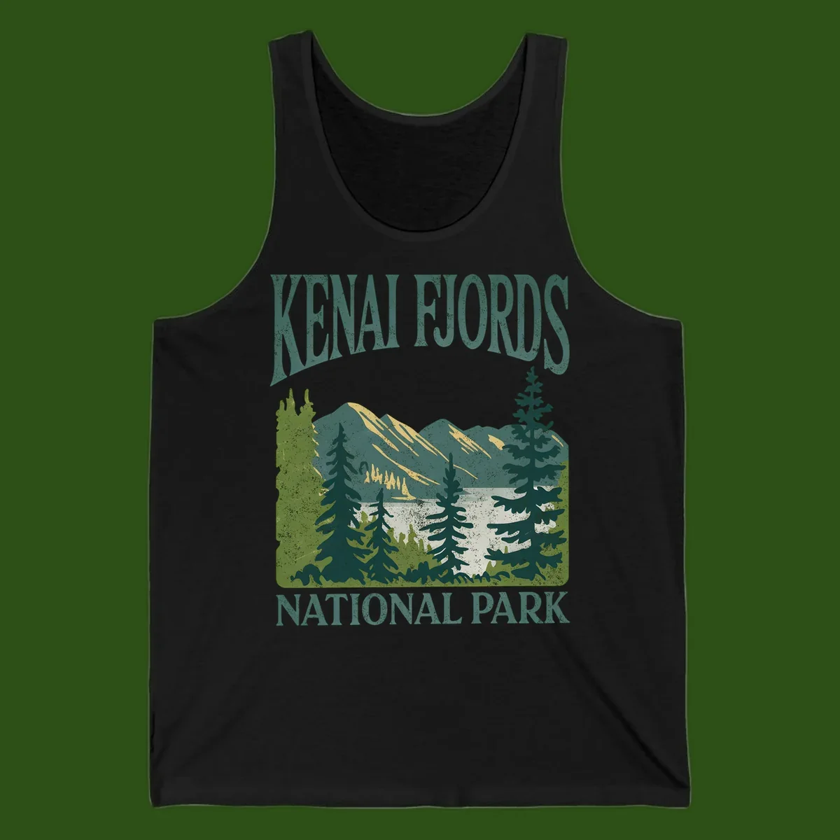 Vintage-style Kenai Fjords National Park poster art with snow-capped mountains, evergreen forests, and glacier landscape in teal and cream colors