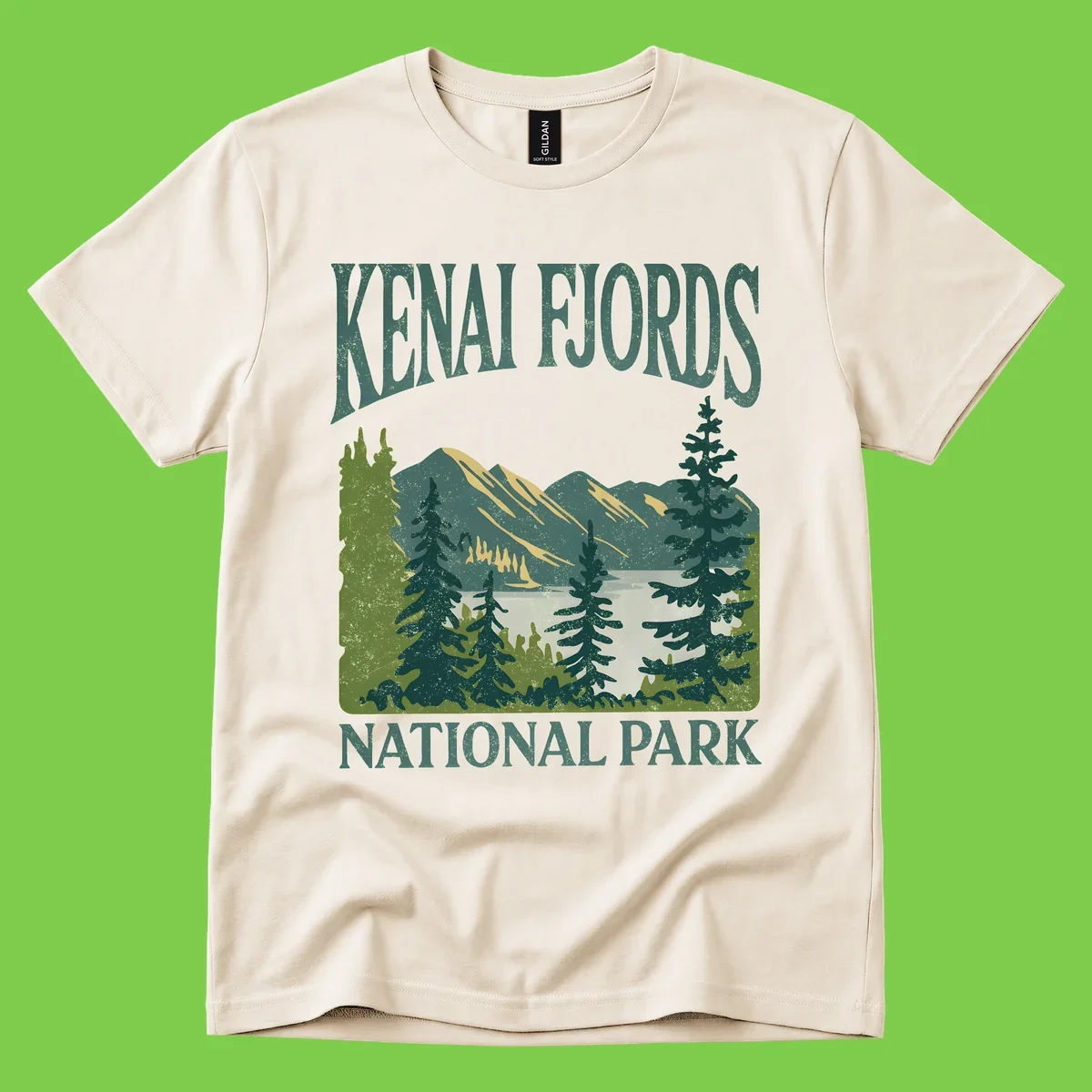 Vintage-style Kenai Fjords National Park poster art with snow-capped mountains, evergreen forests, and glacier landscape in teal and cream colors