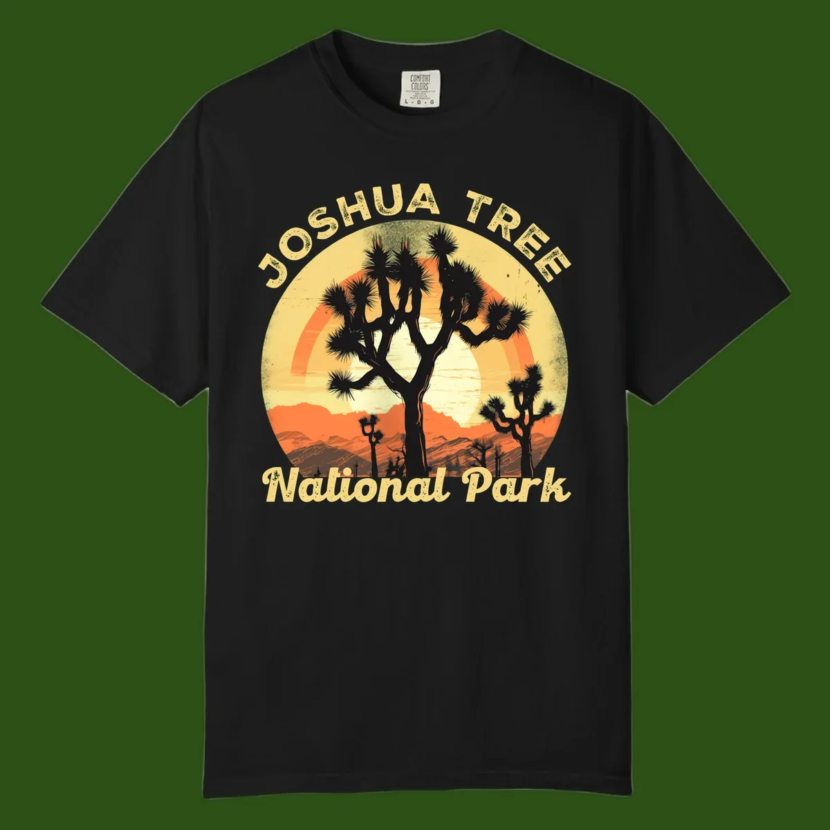 Vintage circular badge design featuring joshua tree desert sunset with silhouetted trees and warm gradient sky