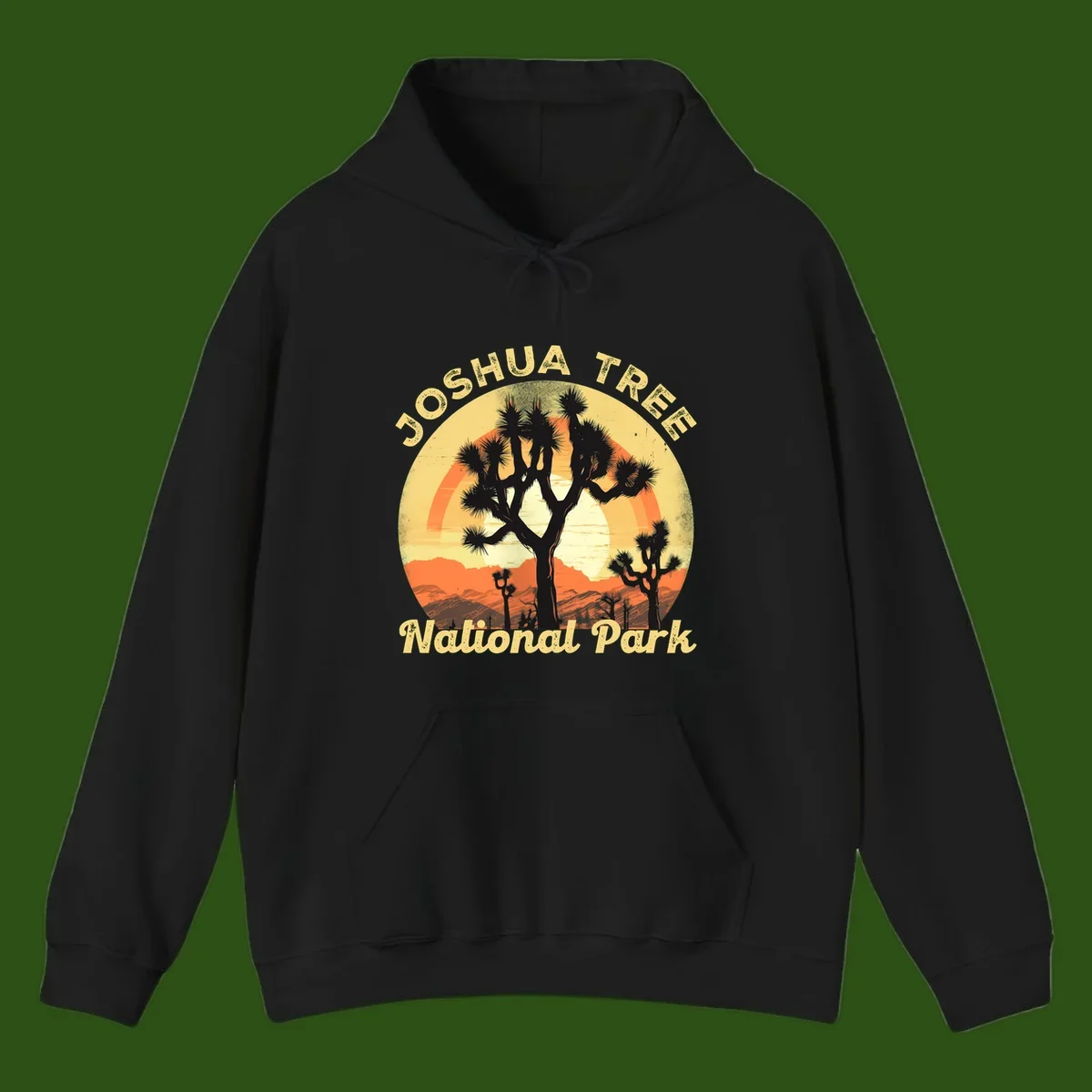 Vintage circular badge design featuring joshua tree desert sunset with silhouetted trees and warm gradient sky