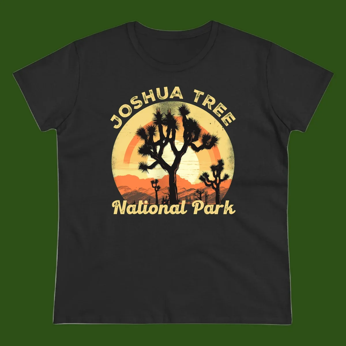 Vintage circular badge design featuring joshua tree desert sunset with silhouetted trees and warm gradient sky