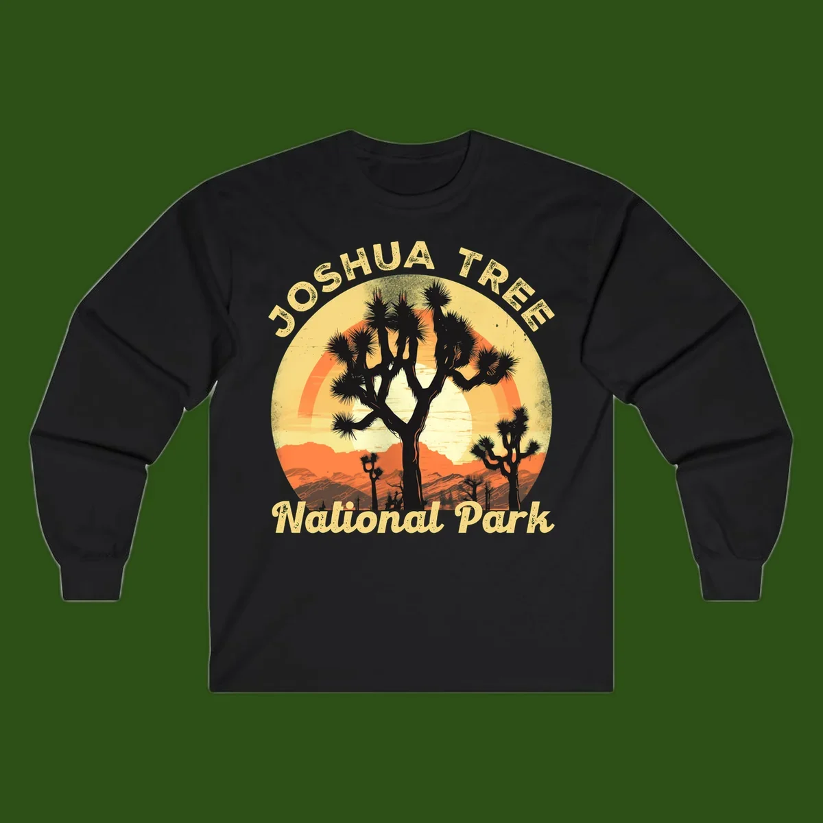 Vintage circular badge design featuring joshua tree desert sunset with silhouetted trees and warm gradient sky