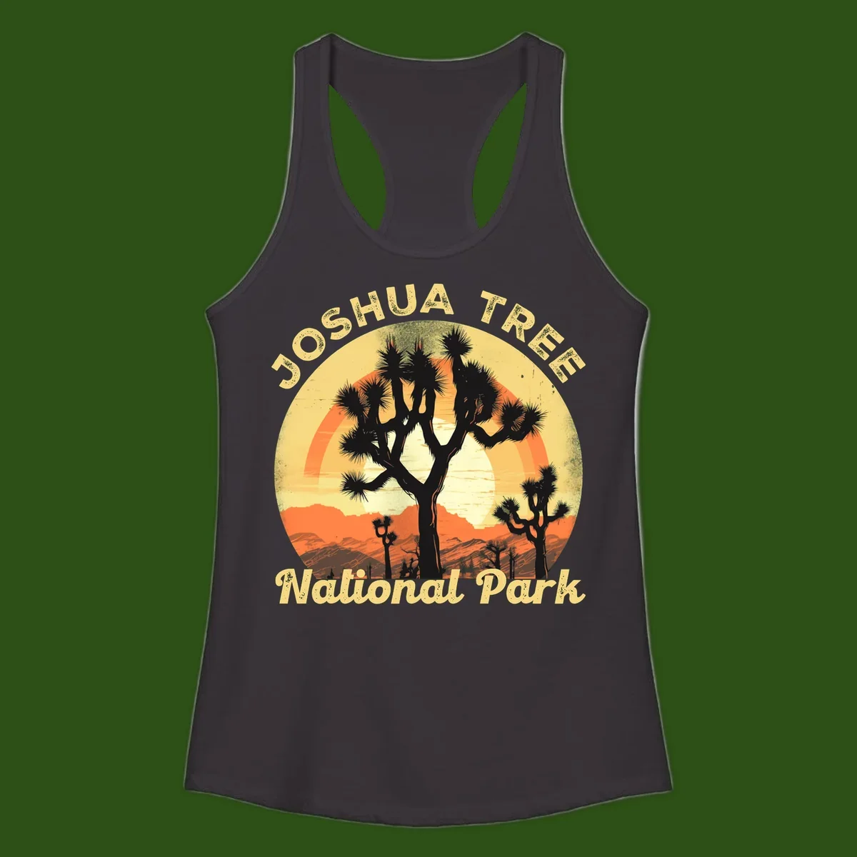 Vintage circular badge design featuring joshua tree desert sunset with silhouetted trees and warm gradient sky