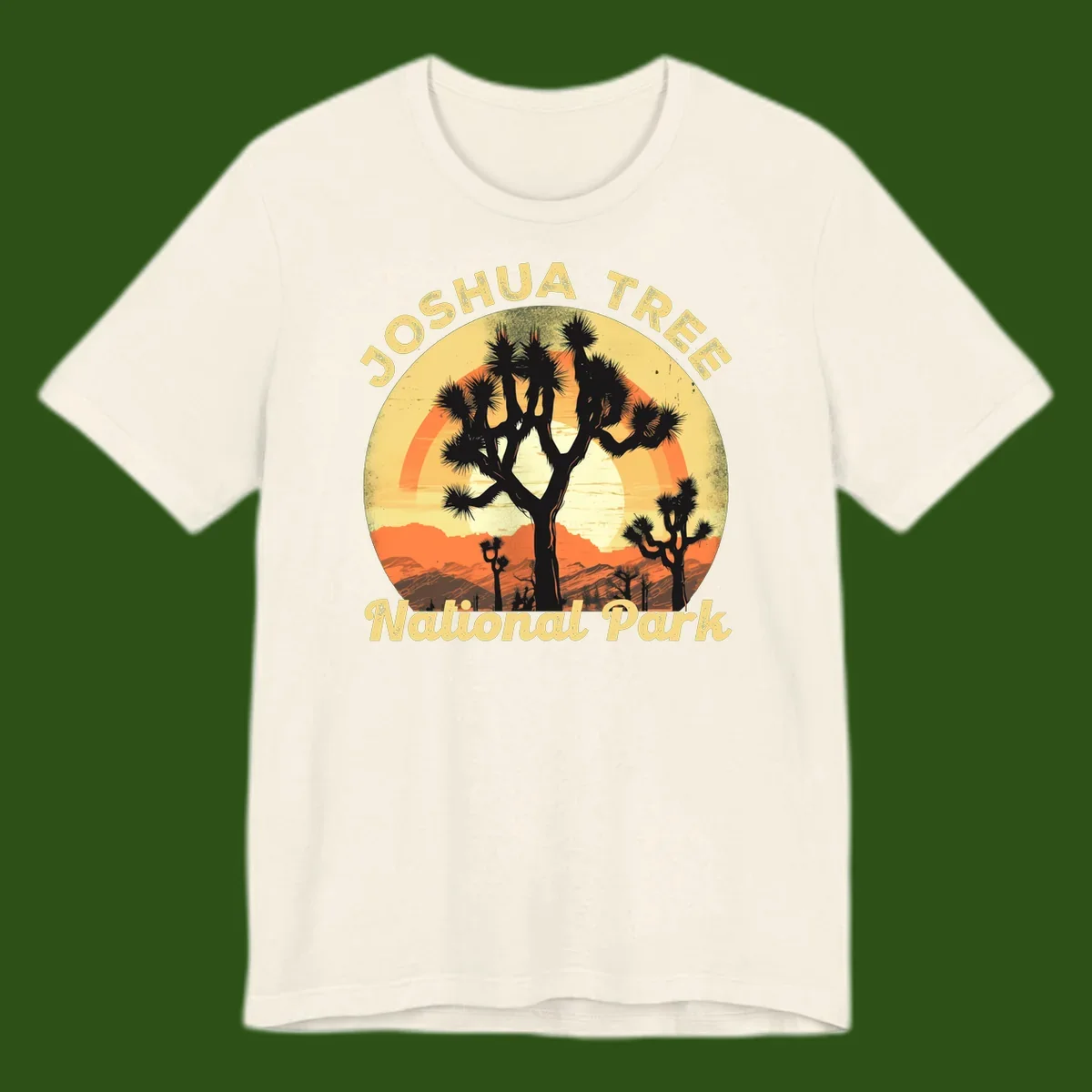 Vintage circular badge design featuring joshua tree desert sunset with silhouetted trees and warm gradient sky