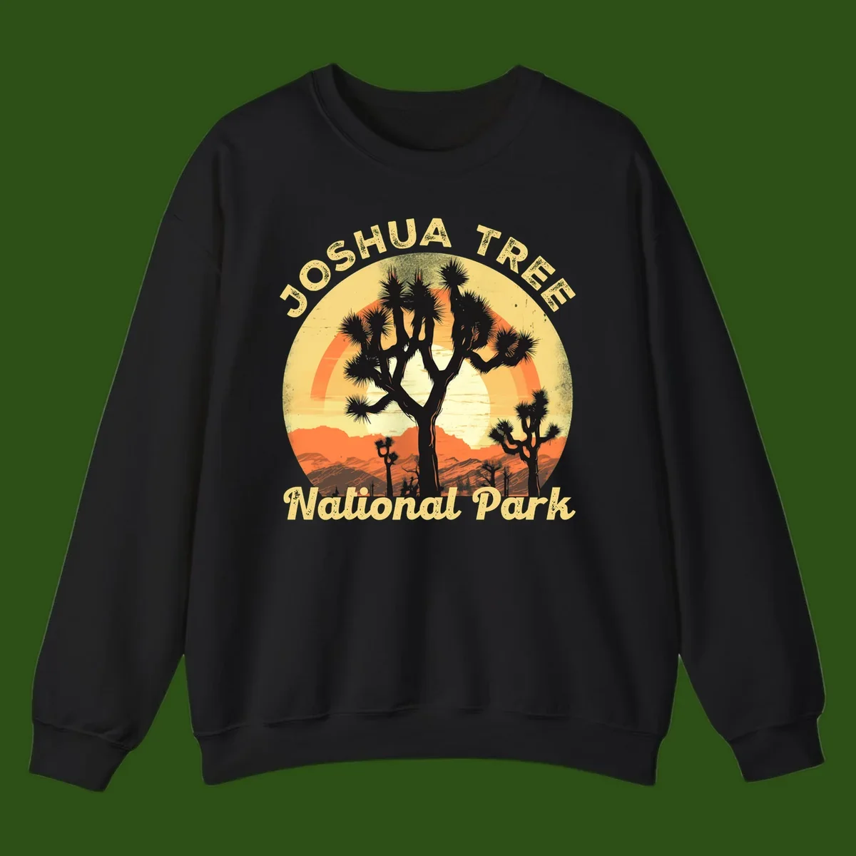 Vintage circular badge design featuring joshua tree desert sunset with silhouetted trees and warm gradient sky