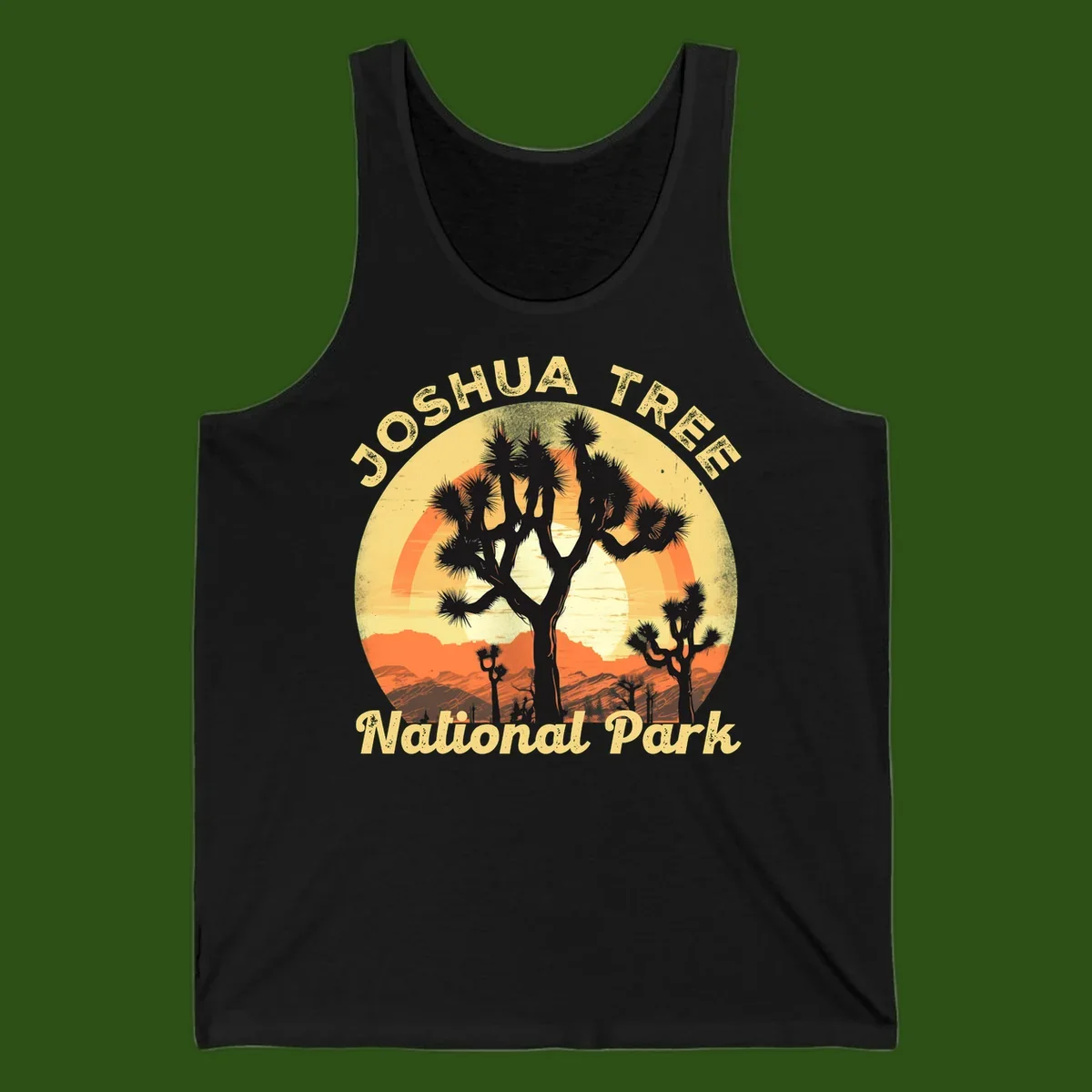 Vintage circular badge design featuring joshua tree desert sunset with silhouetted trees and warm gradient sky