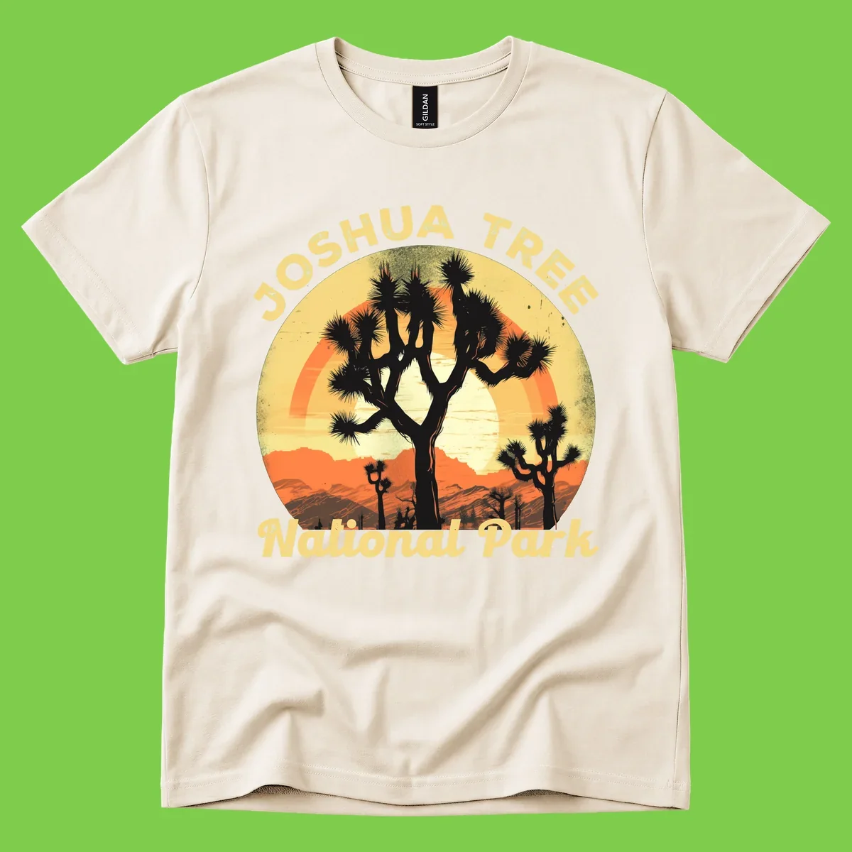 Vintage circular badge design featuring joshua tree desert sunset with silhouetted trees and warm gradient sky