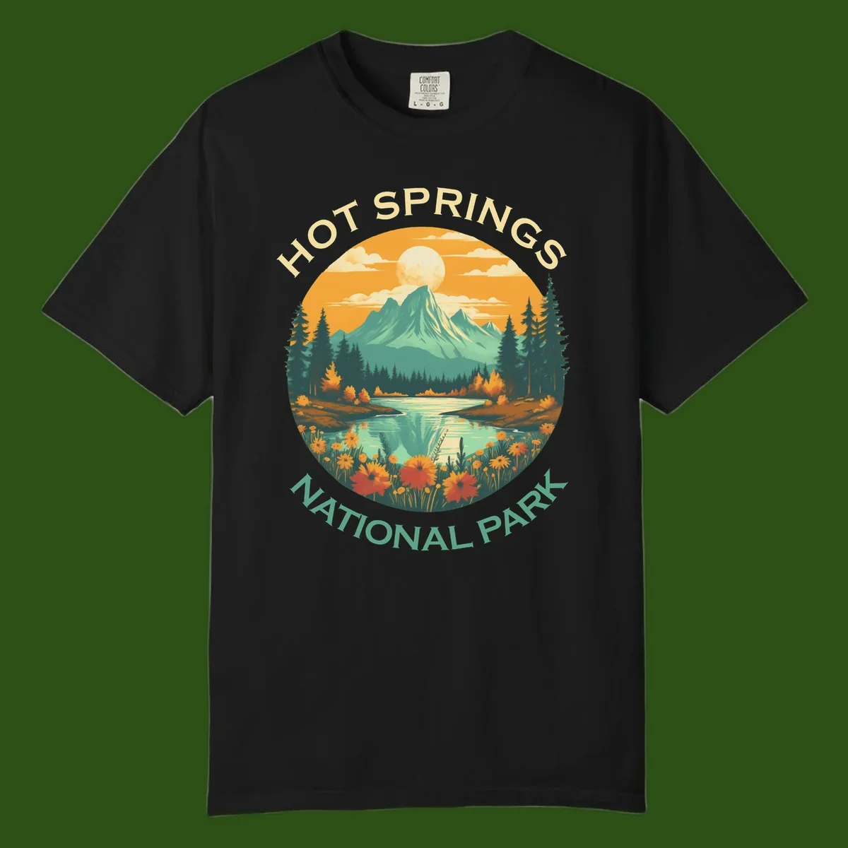 Hot Springs National Park vista illustration with mountain, wildflowers, stream, and forest in circular badge design