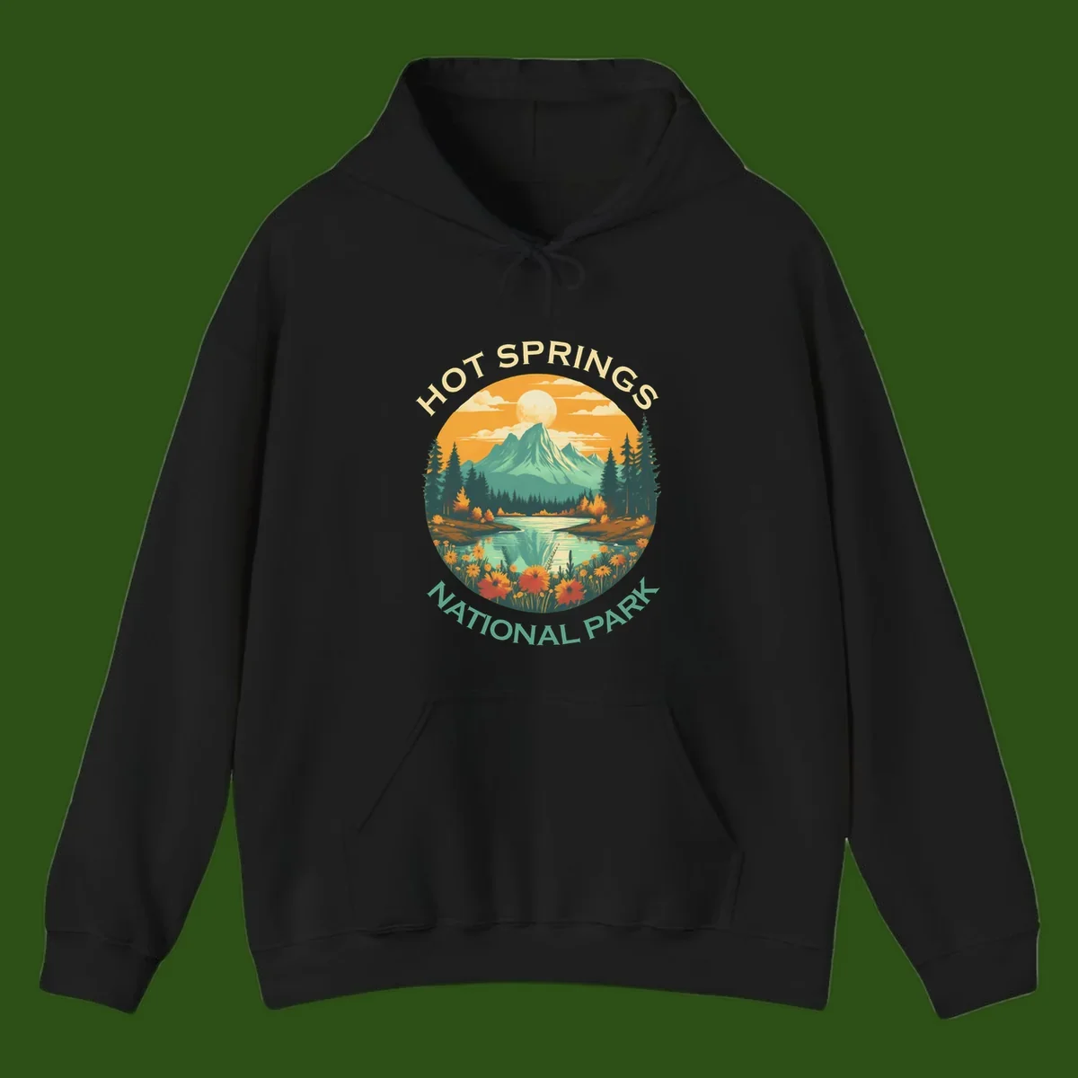 Hot Springs National Park vista illustration with mountain, wildflowers, stream, and forest in circular badge design